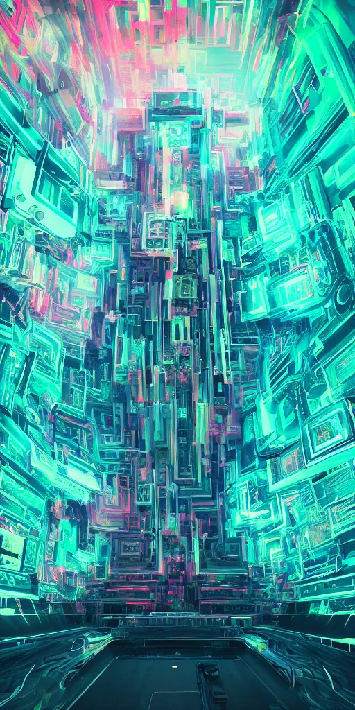 Image similar to impossibly beautiful monolithic shrine to technology that extends to the heavens, intricate complexity, psychedelic glitch art, neon paint drip, inverted color scheme, trending on art station, photoreal, 8 k, octane render
