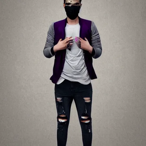 Image similar to professional digital art of a full-body view of a stylish young adult man with short hair wearing a black face mask, a striped long-sleeved shirt, and ripped jeans, high quality, HD, 8K, highly detailed, award-winning, dark purple clouds