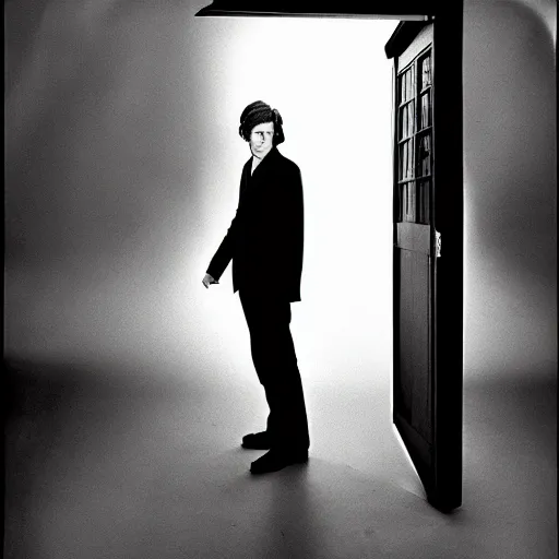 Image similar to a long shot, black & white studio photographic portrait of doctor who, dramatic backlighting, 1 9 7 3 photo from life magazine, technicolor