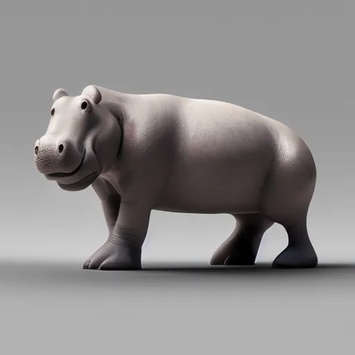 Prompt: simplified hippo figurine made of wood alone and centered on a white to grey gradient background, photorealistic, hyperrealistic, influenced by pixar, 8 k hd, octane render, unreal engine, featured on cgsociety