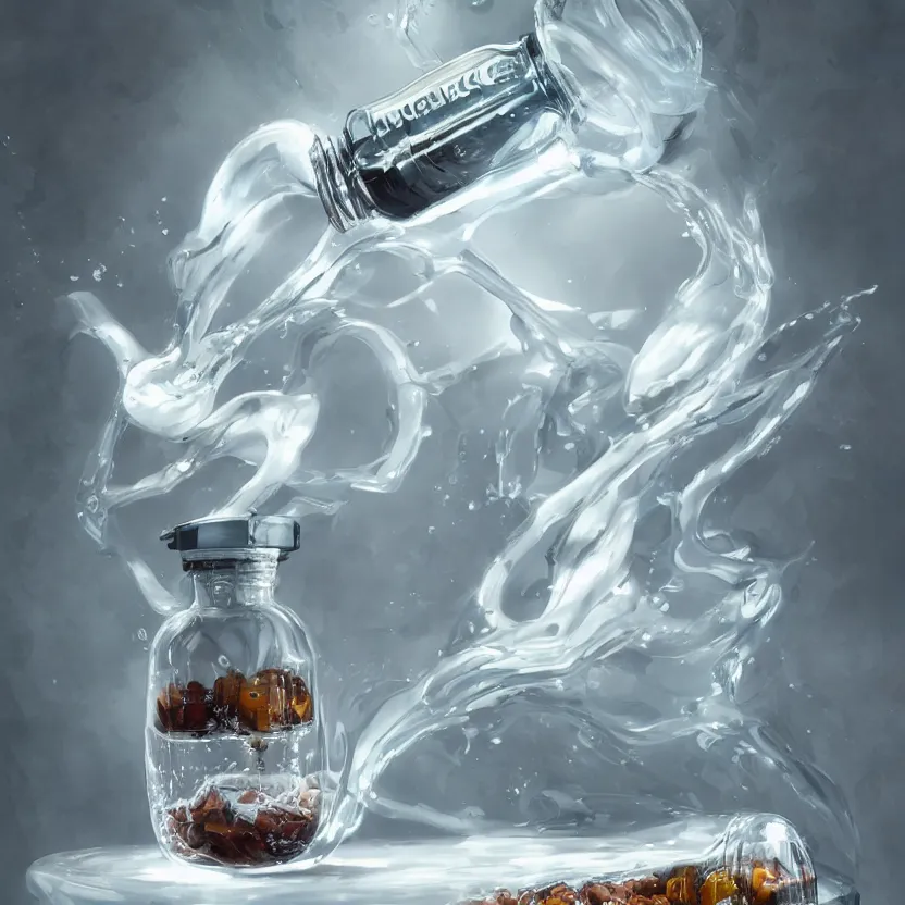 Image similar to concept art of a pagani dietary supplement with white liquid in a transparent bottle with big black sticker on it, by aenaluck, artgerm and roberto ferri and greg rutkowski, light blue and white tones, digital painting, artstation, concept art, smooth, sharp foccus ilustration hq