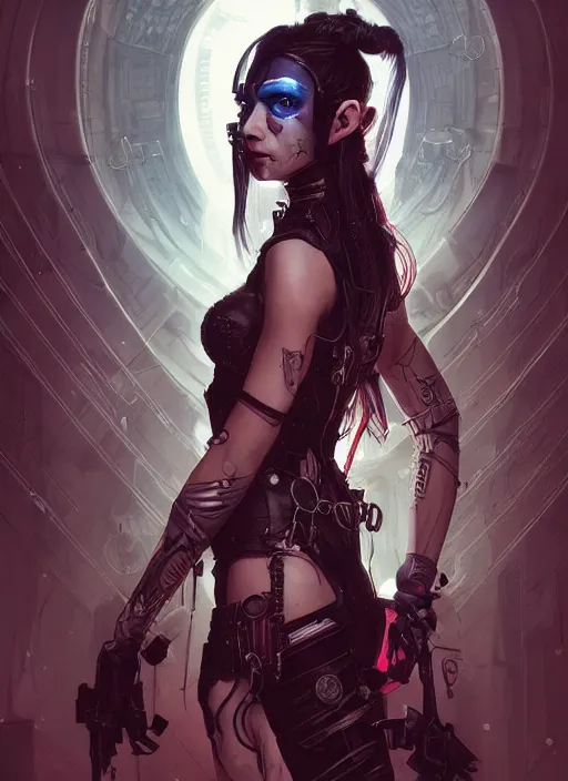 Image similar to a beautiful illustration of cyberpunk elven harley quinn, black hair, intricate, sharp focus, illustration, highly detailed, digital painting, concept art, matte, art by wlop and artgerm and greg rutkowski and alphonse mucha, masterpiece