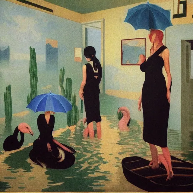 Image similar to tall female emo artists in their flooded apartment, painting of flood waters inside an artist's home, a river flooding indoors, pomegranates, pigs, ikebana, zen, water, octopus, river, rapids, waterfall, black swans, canoe, berries, acrylic on canvas, surrealist, by magritte and monet