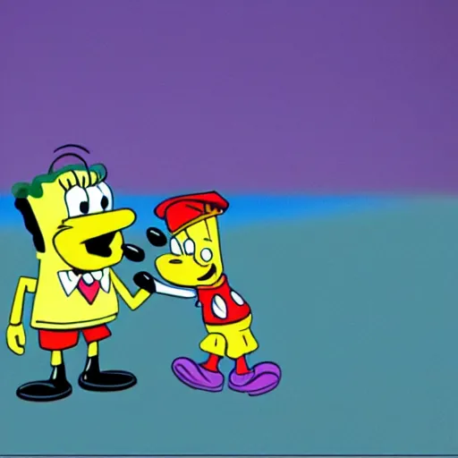 Prompt: spongebob kissing mickey realistic