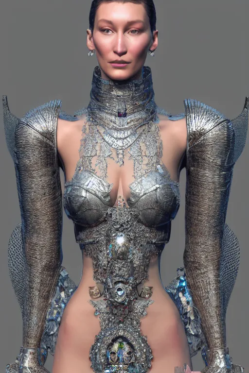 Image similar to a highly detailed 4 k render of a beautiful tall alien goddess bella hadid in iris van herpen dress armor schiaparelli in diamonds and jewelry in style of alphonse mucha trending on artstation made in unreal engine 4