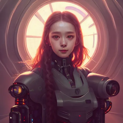 Image similar to portrait painting of cyberpunk chuu loona as a cheerful smiling mercenary, ultra realistic, concept art, intricate details, eerie, highly detailed, photorealistic, octane render, 8 k, unreal engine. art by artgerm and greg rutkowski and magali villeneuve and alphonse mucha