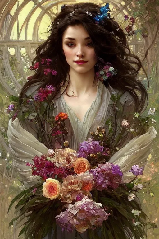 Image similar to portrait of a beautiful mysterious woman holding a bouquet of flowing flowers, hands hidden under the bouquet, fantasy, regal, intricate, by stanley artgerm lau, greg rutkowski, thomas kindkade, alphonse mucha, loish, norman rockwell