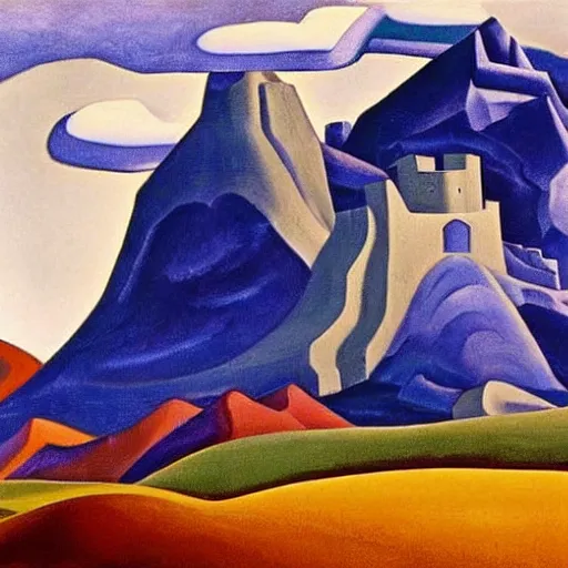 Prompt: A castle in the mountains by Nicholas Roerich, by Georgia o Keeffe