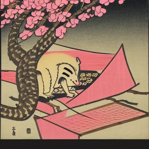 Prompt: japanese edo period woodblock print of a chipmunk eating pizza with pink blossoming cherry trees in the background