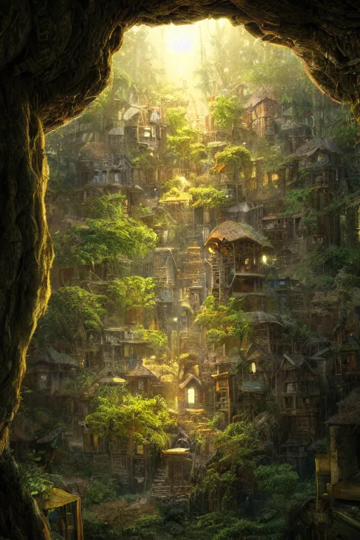 Image similar to a miniature city built into the trunk of a single colossal tree in the forest, with tiny people, in the style of craig mullins, lit windows, close - up, low angle, wide angle, awe - inspiring, highly detailed digital art