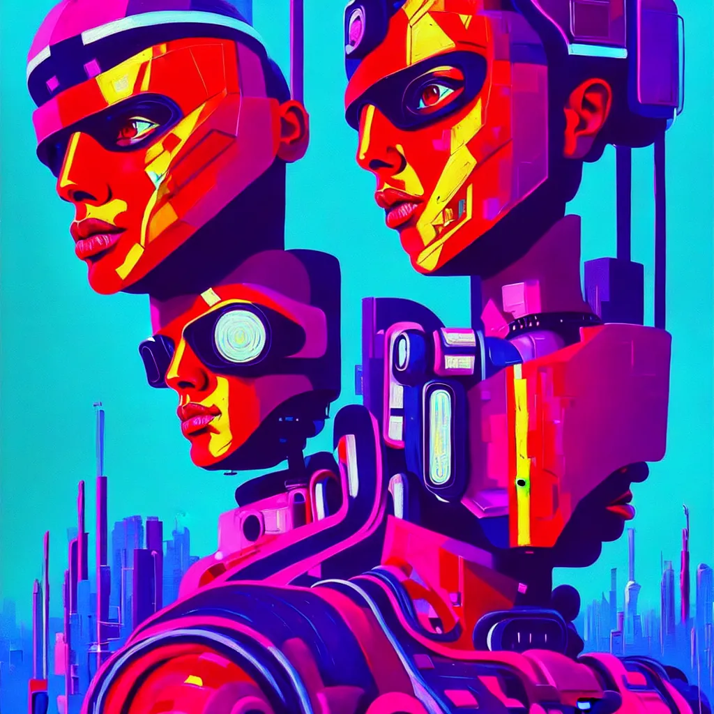 Image similar to a graph - style gouache impasto huge robot head in front of her, cyberpunk art by by james gilleard, cgsociety, retrofuturism, synthwave, retrowave, outrun