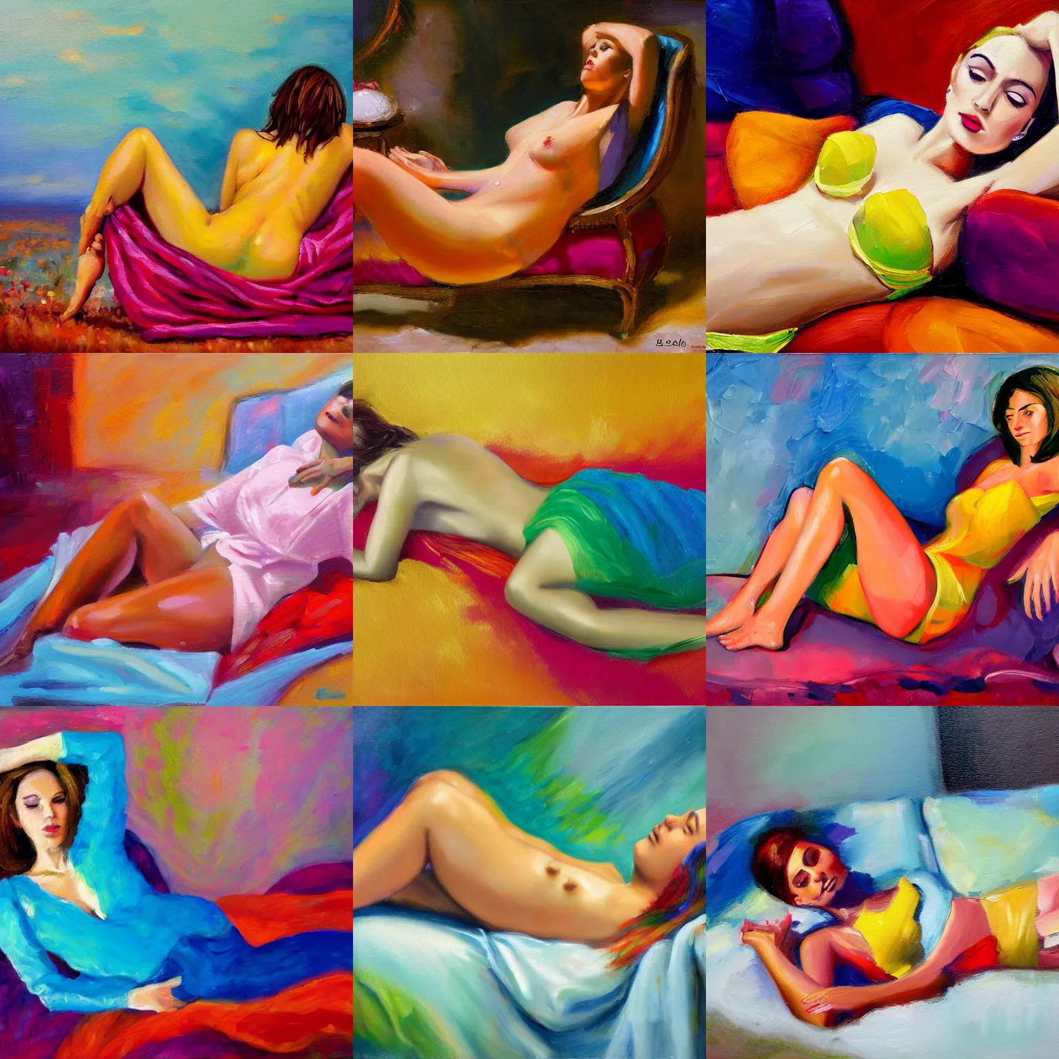 Prompt: colorful oil painting of a woman reclining, 4k, alluring, appealing, charming, cute, dazzling, elegant, exquisite, fine, gorgeous