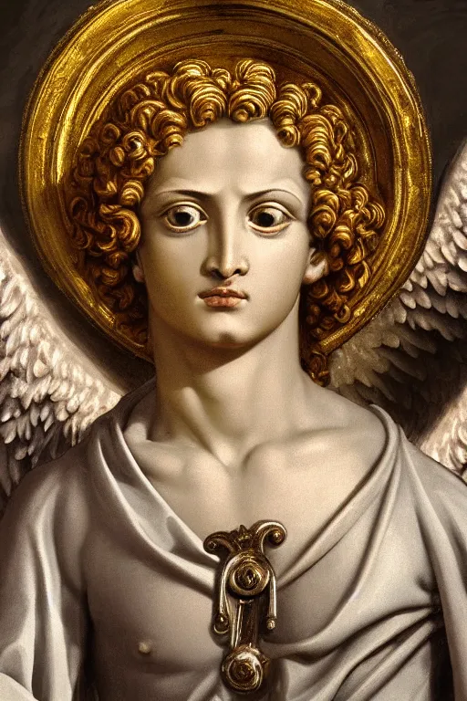 Image similar to archangel Michael, face, closeup, ultra detailed, roman clothing, fog, Guido Reni style