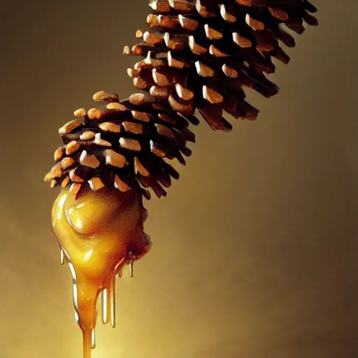 Prompt: honey dripping from a pinecone, hyper detailed, digital art, artstation, cinematic lighting, studio quality, smooth render, by caravaggio, artgerm, greg rutkowski, craig mullins