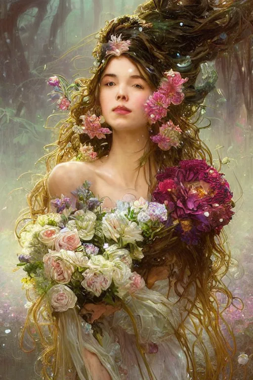 Image similar to portrait of a beautiful mysterious woman holding a large bouquet of flowing flowers, wet dripping long hair, hands disappeared under the bouquet, emerging from the water, fantasy, regal, intricate, by stanley artgerm lau, greg rutkowski, thomas kindkade, alphonse mucha, loish, norman rockwell