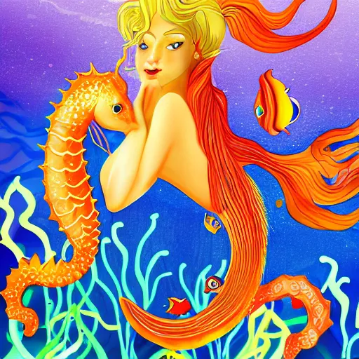 Image similar to detailed photo of alluring blonde mermaid riding a colorful seahorse underwater surrounded by fish