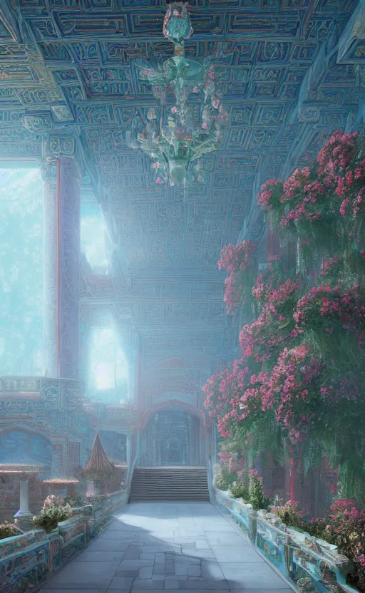 Image similar to vanishing point, palace covered with aqua blue roses like the forbidden city in distance at the red rose royal manor, viewed from afar, stephen bliss, misty, unreal engine, fantasy art by greg rutkowski, loish, ferdinand knab, and lois van rossdraws,, global illumination, radiant light, minimalist, detailed and intricate environment