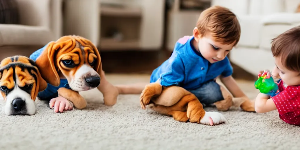 Prompt: toddler playing with pet beagle