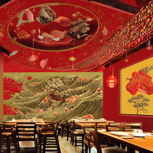 Prompt: a beautiful hyperdetailed interior 4 k hd wallpaper illustration of roasted string hotpot restaurant restaurant yan'an, wall painting, from china, with merchant logo, fine delicate structure, chinese style, victo ngai