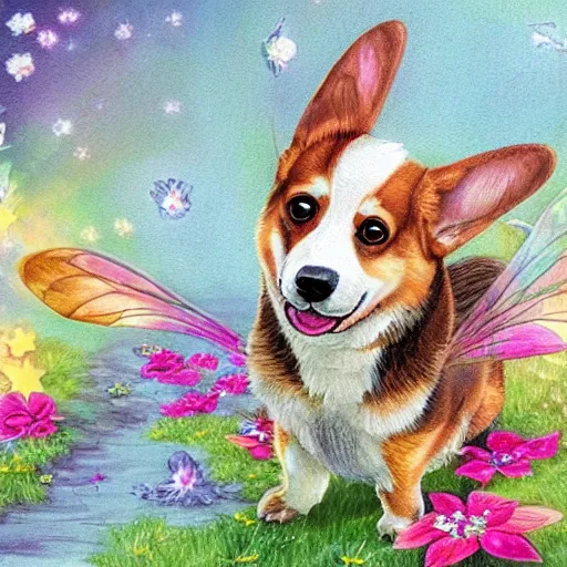 Prompt: a corgi with fairy wings, sparkling petals, fantasy-style, cute, photorealism