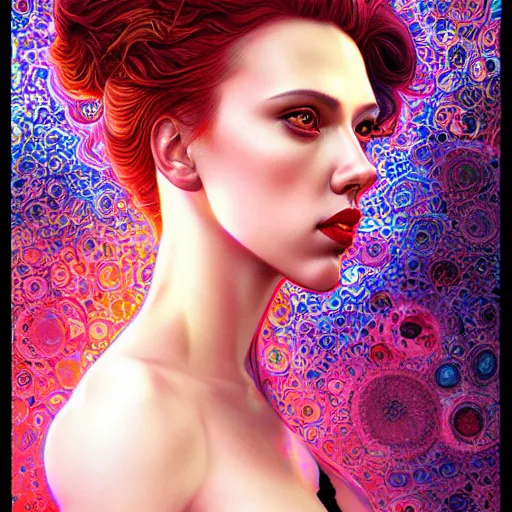 Prompt: portrait of scarlett johansson, hyper detailed masterpiece, neon floral pattern, jean giraud, digital art painting, darkwave goth aesthetic, psychedelic, artgerm, donato giancola and tom bagshaw