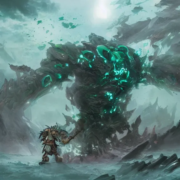 Image similar to chrysoprase golem still frame from warhammer movie, legendary magical crystal construct by esher, crystal golem fighting vast army by jakub rozalski, chrysoprase lightning elemental by peter mohrbacher