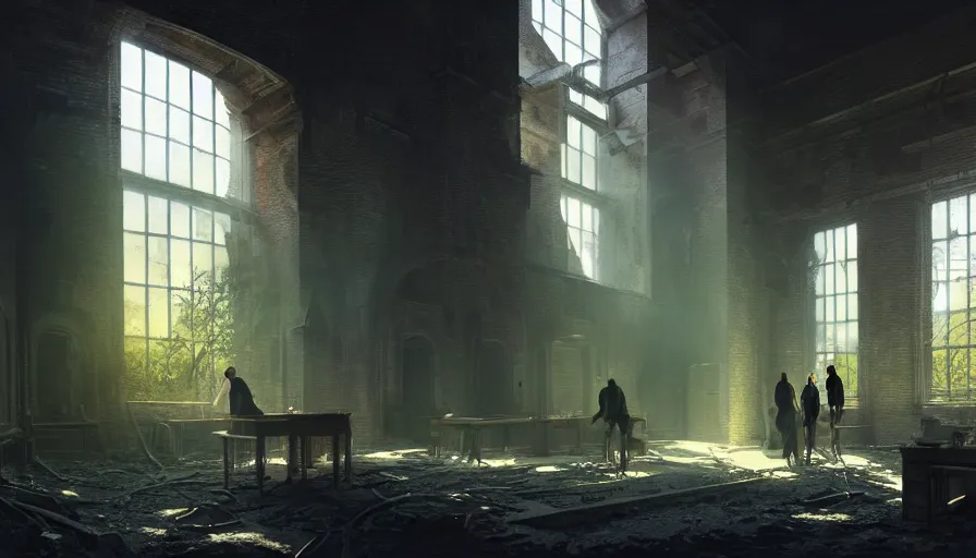 Image similar to high tech nomands exploring abandoned laboratory from xxiii century, light, shadows, reflections, steam, epic composition, intricate, elegant, volumetric lighting, digital painting, highly detailed, artstation, sharp focus, illustration, concept art, ruan jia, steve mccurry