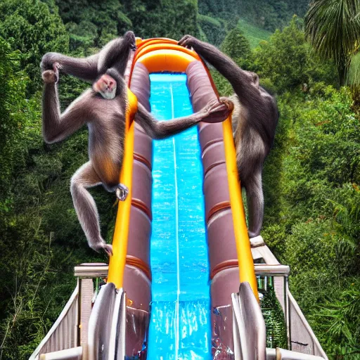 Image similar to photo of a happy monkey sliding down a waterslide, 4 k, full hd, reallistic, highly detailed