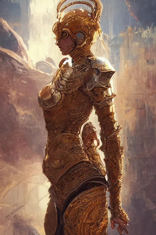 Image similar to portrait knights of Zodiac girl, golden and copper reflected armor, in ruined Agora of Athens, ssci-fi, fantasy, intricate, very very beautiful, elegant, highly detailed, digital painting, artstation, concept art, smooth, sharp focus, illustration, art by WLOP and tian zi and alphonse mucha