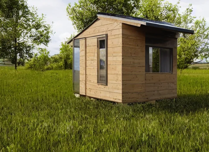 Prompt: living shed with eyes and legs, sitting in a grassy meadow