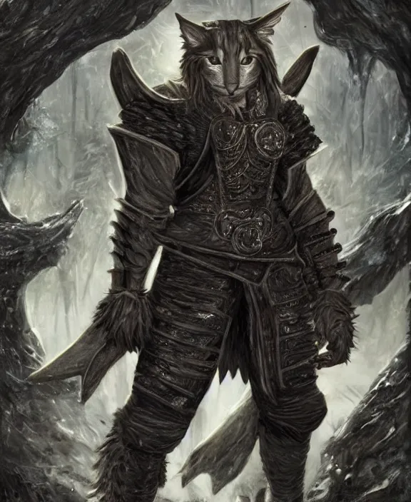 Image similar to humanoid male khajiit rogue, wearing leather armor, mainecoon cat features with black fur, far - mid shot, magic the gathering, fantasy