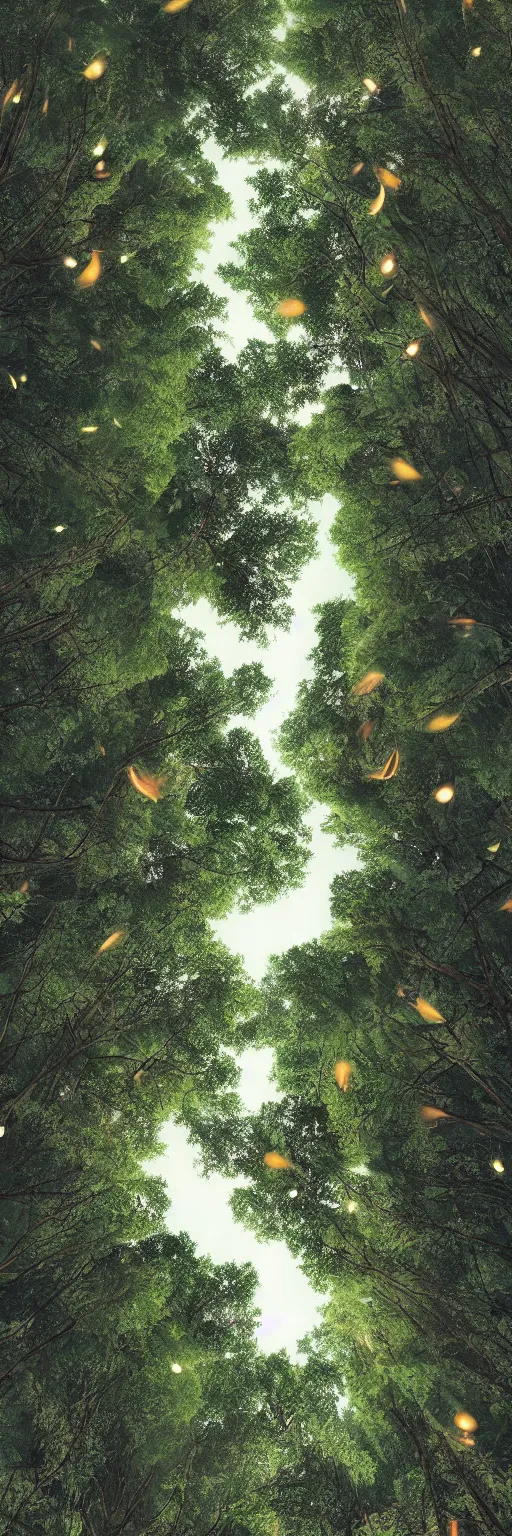 Prompt: vertical panoramic shot of an anime character, looking up, tall trees, nighttime, fireflies, trending on artstation, digital art