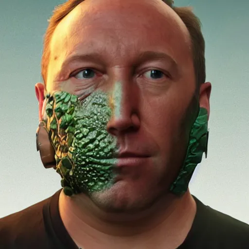 Image similar to hyperrealistic mixed media image of info wars alex jones with ( ( bullfrog mask ) ), stunning 3 d render inspired art by xiang duan and thomas eakes and greg rutkowski, perfect facial symmetry, hyper realistic texture, realistic, highly detailed attributes and atmosphere, dim volumetric cinematic lighting, 8 k octane detailed render, post - processing, masterpiece,