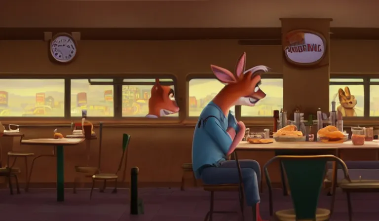 Prompt: Nick is eating dinner in tears in a desolate diner. The diner is dimly lit and very dirty. The food is poor due to the recession. Zootopia, Pixar Digital Movies