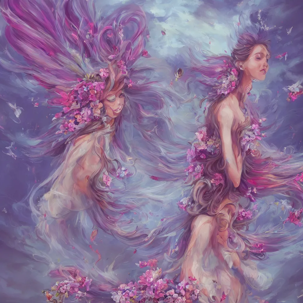 Prompt: a colorful and provenance illustrations painting of the fantasy angel flying with floral wings, highly detailed, her hair made of hair made of air wind and curling smoke and mist, the wings made of flowers, spirit fantasy concept art, art by aenami, alena, afshar, petros and leonid, trending on artstation.