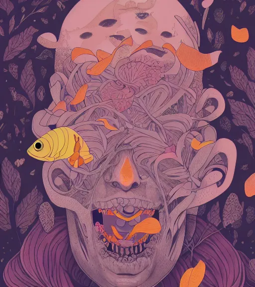 Prompt: portrait, nightmare anomalies, leaves with goldfish by miyazaki, violet and pink and white palette, illustration, kenneth blom, mental alchemy, james jean, pablo amaringo, naudline pierre, contemporary art, hyper detailed