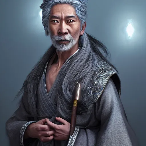 Image similar to portrait painting of a 6 0 year old kind handsome taoist priest, silver ponytail hair, amiable by yangjun chen, huang guangjian, fenghua zhong, wenjun lin, nadar, bright colors, octopath traveler, unreal engine 5 highly rendered, global illumination, radiant light, detailed and intricate environment