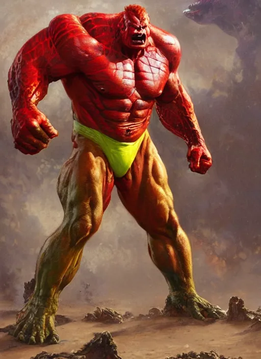 Prompt: brock lesnar as reptilian red hulk wearing scifi armour suit, dynamic action, by lawrence alma - tadema and zdzislaw beksinski and norman rockwell and jack kirby and tom lovell and greg staples, artstation creature art