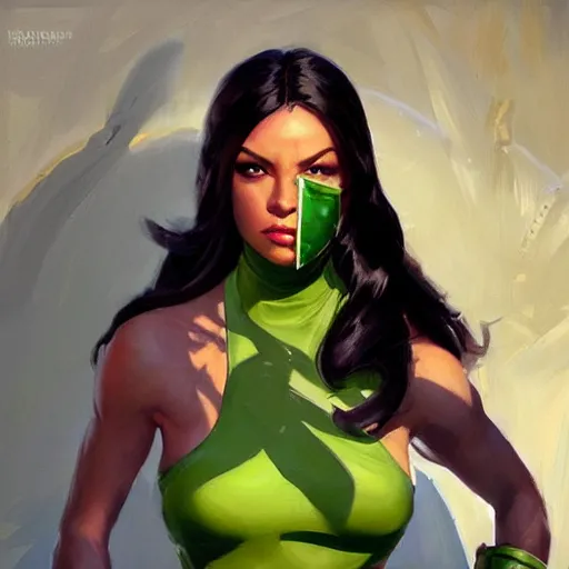 Image similar to greg manchess portrait painting of jade from mortal kombat as overwatch character, medium shot, asymmetrical, profile picture, organic painting, sunny day, matte painting, bold shapes, hard edges, street art, trending on artstation, by huang guangjian and gil elvgren and sachin teng