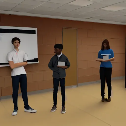 Prompt: a group of five students presenting in front of classroom, very detailed, unreal engine