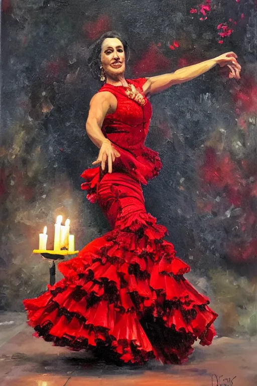 Prompt: oil painting of spanish flamenco dancer in mallorca wearing a red dress made of flowers, dimly lit by candles on the ground, photo realistic, extreme detail skin, no filter, slr, 4 k, high definition