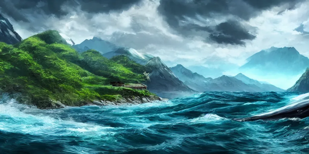 Image similar to concept art, beautiful nature, high mountains higher than clouds with green trees on top, a small wooden bridge connecting two mountains, ocean beneath the mountains with clear blue water, whales showing from the waves, cinematic, 8k, highly detailed