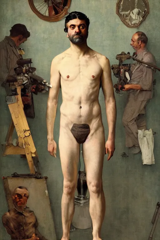 Prompt: body portrait of Oscar Isaac, colour painting by norman rockwell, guidi prime background by carl spitzweg