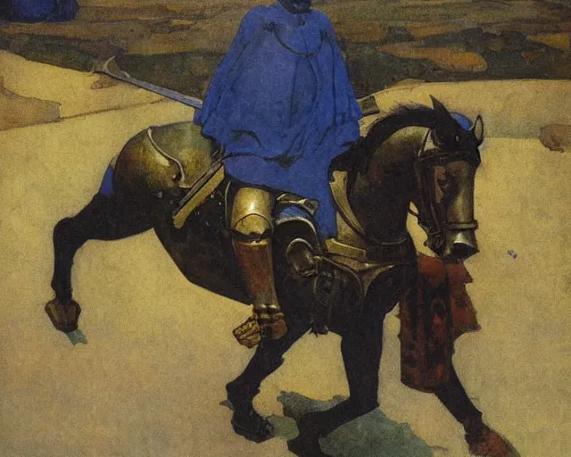 Image similar to knight in blue armour by n. c. wyeth, high detail,