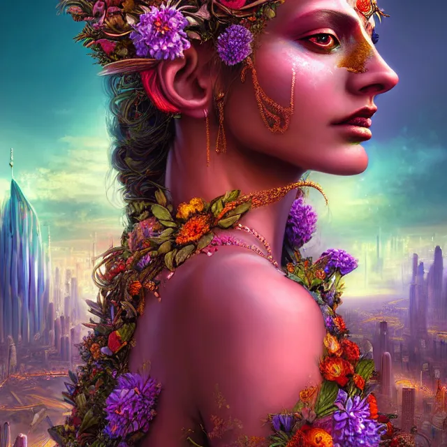 Prompt: Beautiful 3d render of the flower queen goddess in a sensual pose, with the third eye on her forehead, painted, intricate, volumetric lighting, beautiful, rich deep colours masterpiece, sharp focus, ultra detailed, in the style of Dan Mumford and marc simonetti, with a clear crowded futuristic cyberpunk dubai city in the background, astrophotgraphy