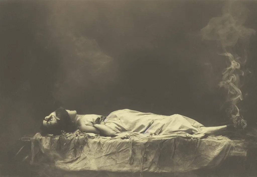 Image similar to A lady lying in smoke