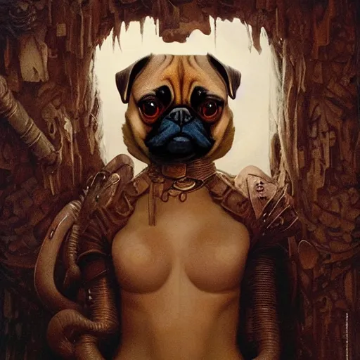 Image similar to head and shoulders vogue photo portrait of a pugalier anthropomorphic dog, d & d, fantasy, greg rutkowski, frank frazetta, alexandre chaudret, boris vallejo, michael whelan, miro petrov, hr giger, magali villeneuve, donato giancola