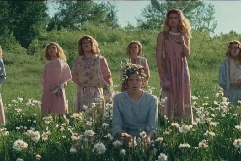 Image similar to vhs 1 9 8 0 s film of a scene from the movie midsommar directed by ari aster