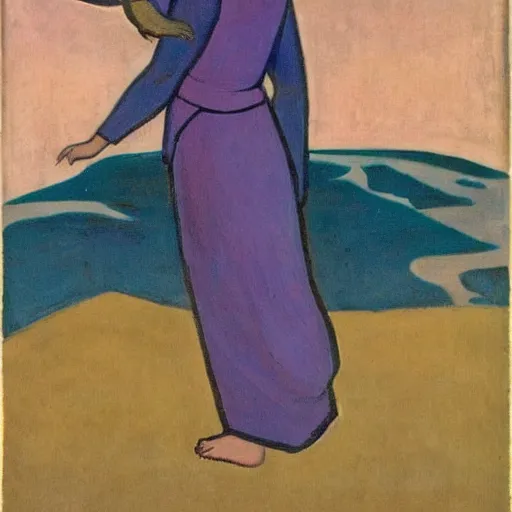 Image similar to Art installation. a woman is shown from behind, her body slightly blurred as if in motion. Her long hair cascades down her back, and she is holding a small bird in her hand. by Nicholas Roerich daring