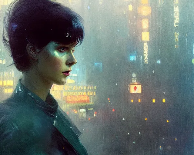 Image similar to 2 0 1 8 blade runner movie still girl look at the cityscape from roof perfect face fine realistic face pretty face neon puffy jacket blue futuristic sci - fi elegant by denis villeneuve tom anders zorn hans dragan bibin thoma greg rutkowski ismail inceoglu illustrated sand storm alphonse mucha